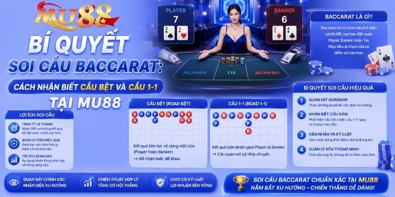 Bí quyết soi cầu Baccarat: Cách nhận biết cầu bệt và cầu 1-1 tại MU88