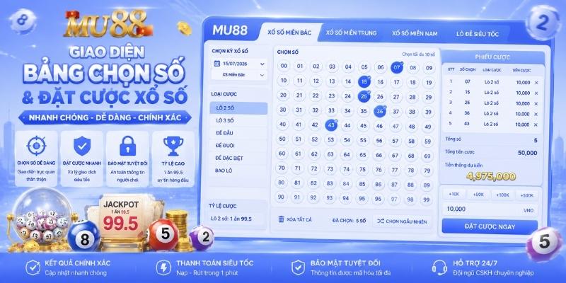 Giao diện bảng chọn số và đặt cược xổ số tại MU88